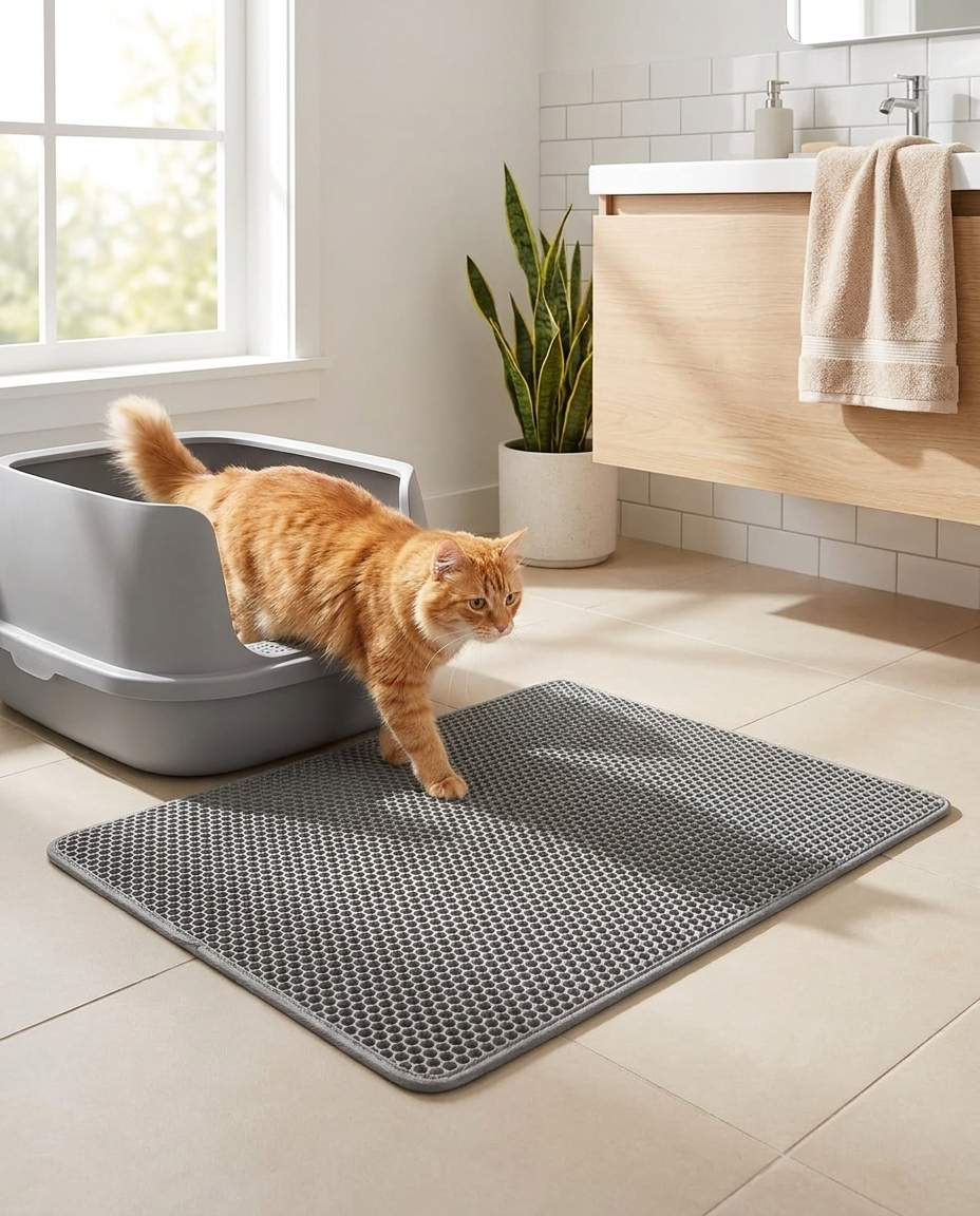 Honeycomb double layer cat mat beside litter box