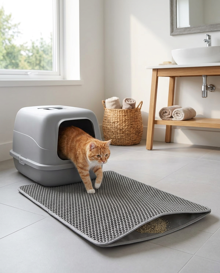 Cat litter mat lifestyle scene in modern bathroom