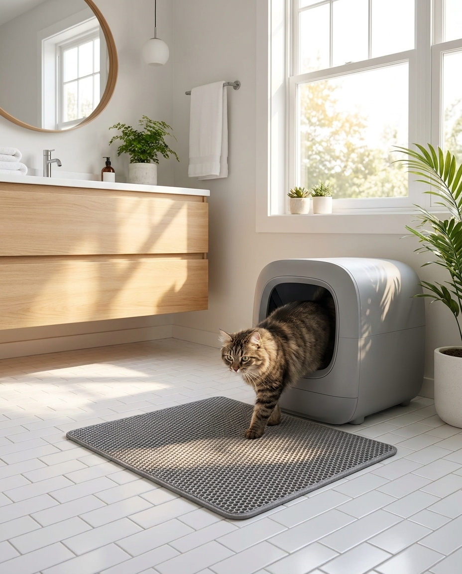 Cat litter trapping mat with tabby cat in home