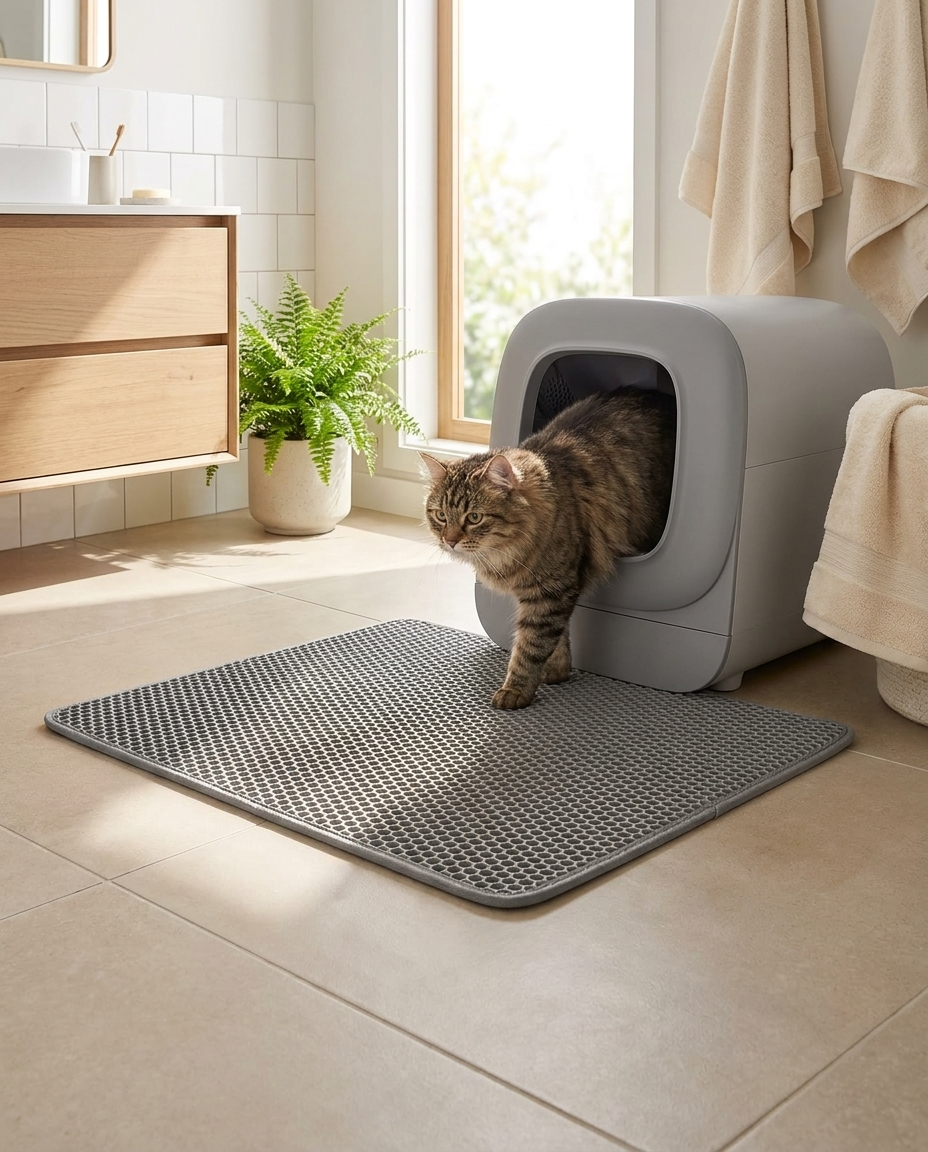 Cat stepping onto honeycomb litter trapping mat in bathroom