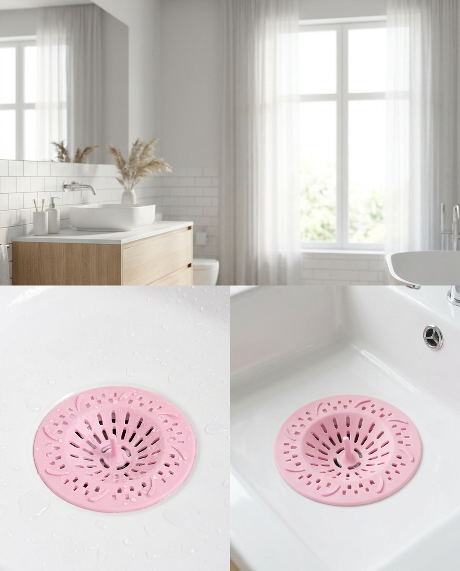 Silicone drain hair catcher over sink drain in modern bathroom