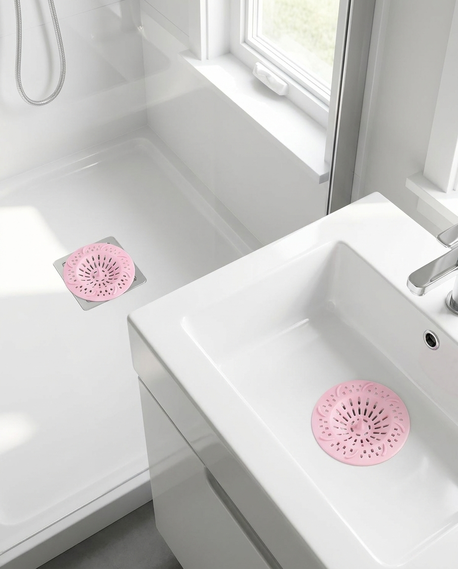 Silicone drain hair catcher in use in a bright bathroom