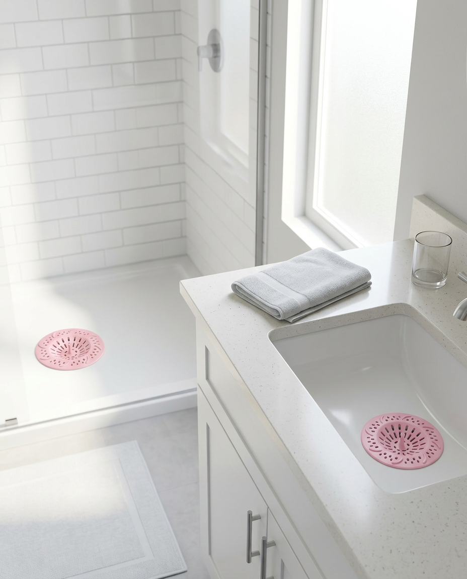 Silicone drain hair catcher installed over shower drain
