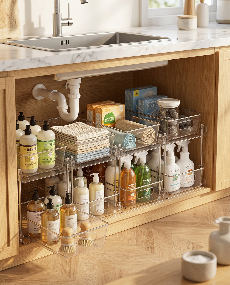 Clear under-sink organizers arranged around plumbing