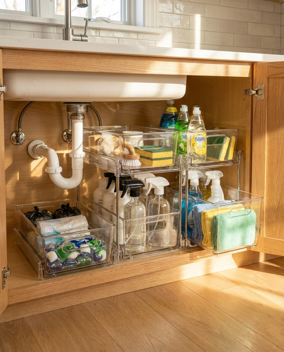 Under-sink organizer holding cleaning supplies