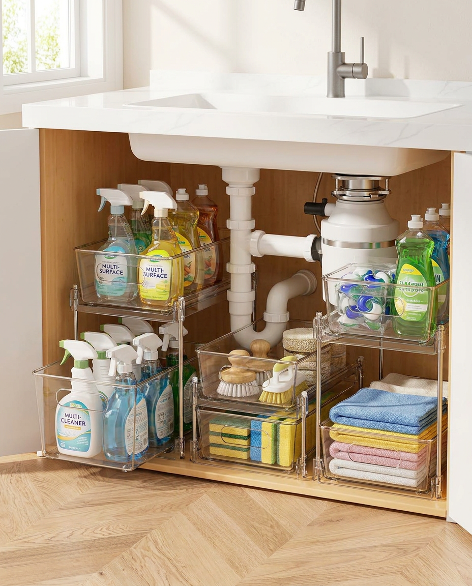 Clear stackable under-sink storage organizers