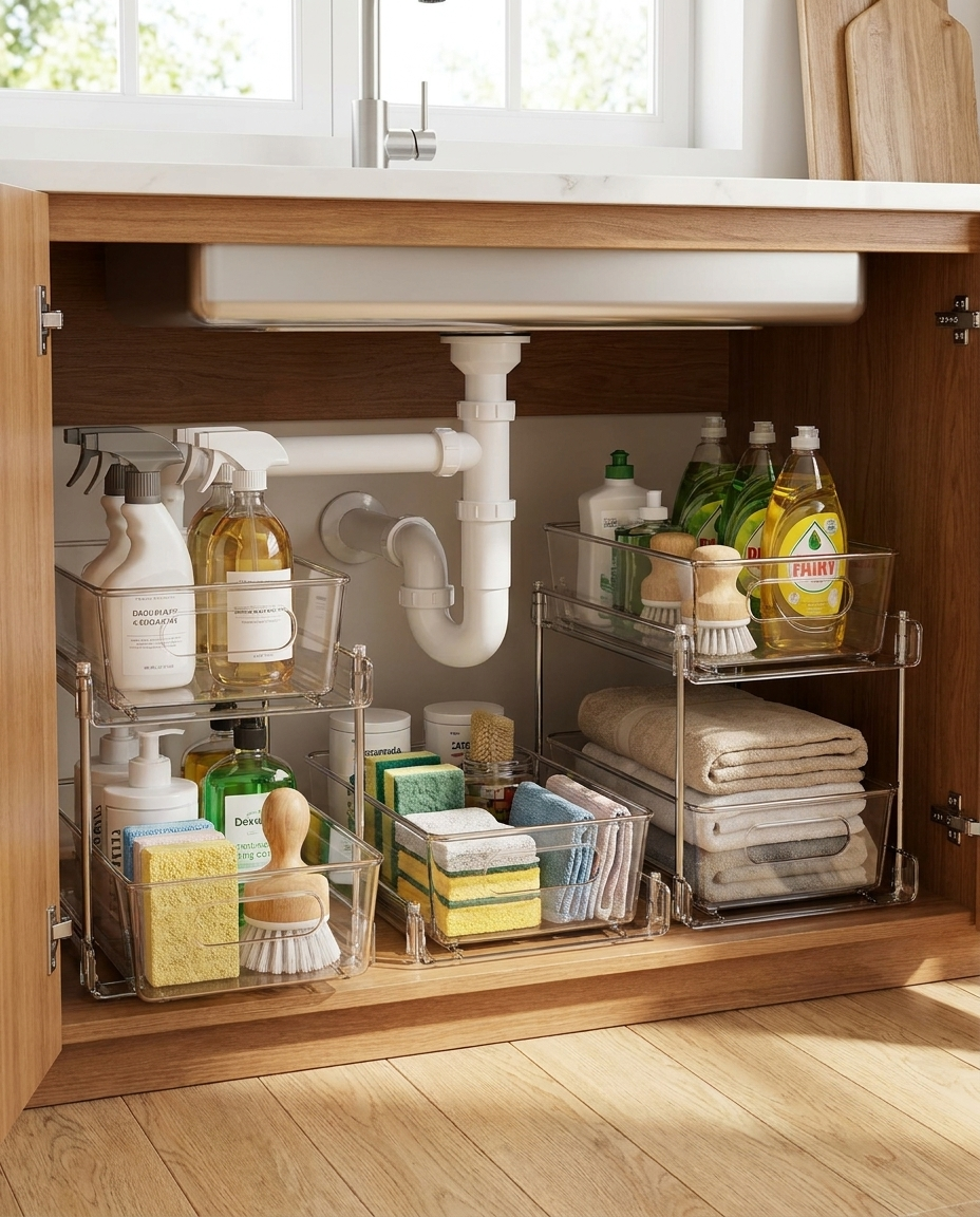 Under-sink organizer with sliding drawers in kitchen