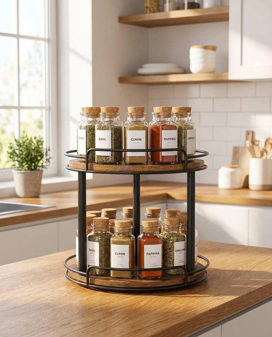 Rotating spice rack with organized jars