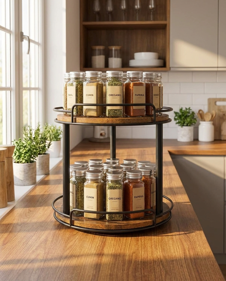 Two-tier lazy susan spice rack on kitchen countertop
