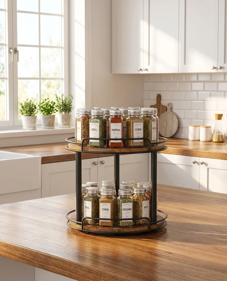 Lazy susan spice organizer in modern kitchen