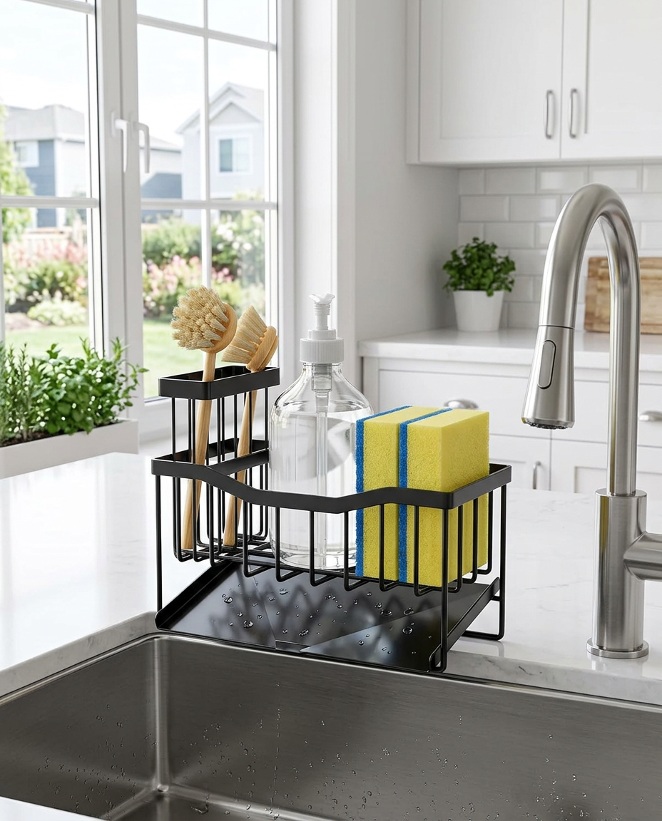 Kitchen sink organizer holding cleaning supplies