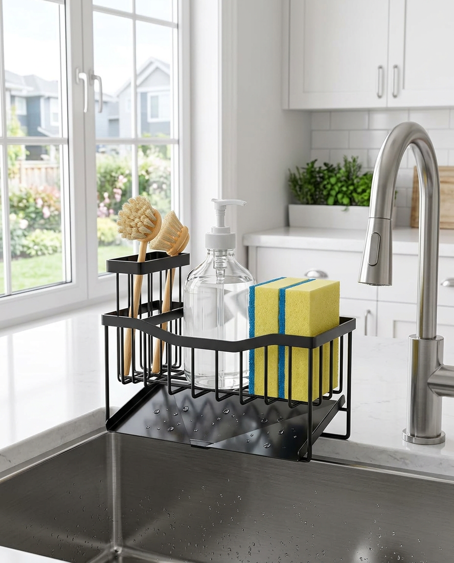 Kitchen sink caddy with sponge holder in use