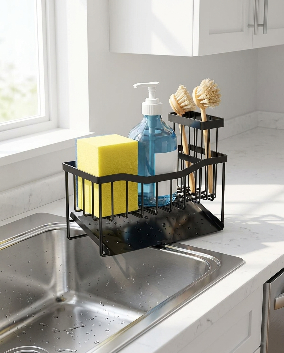 Kitchen sink caddy on stainless steel sink