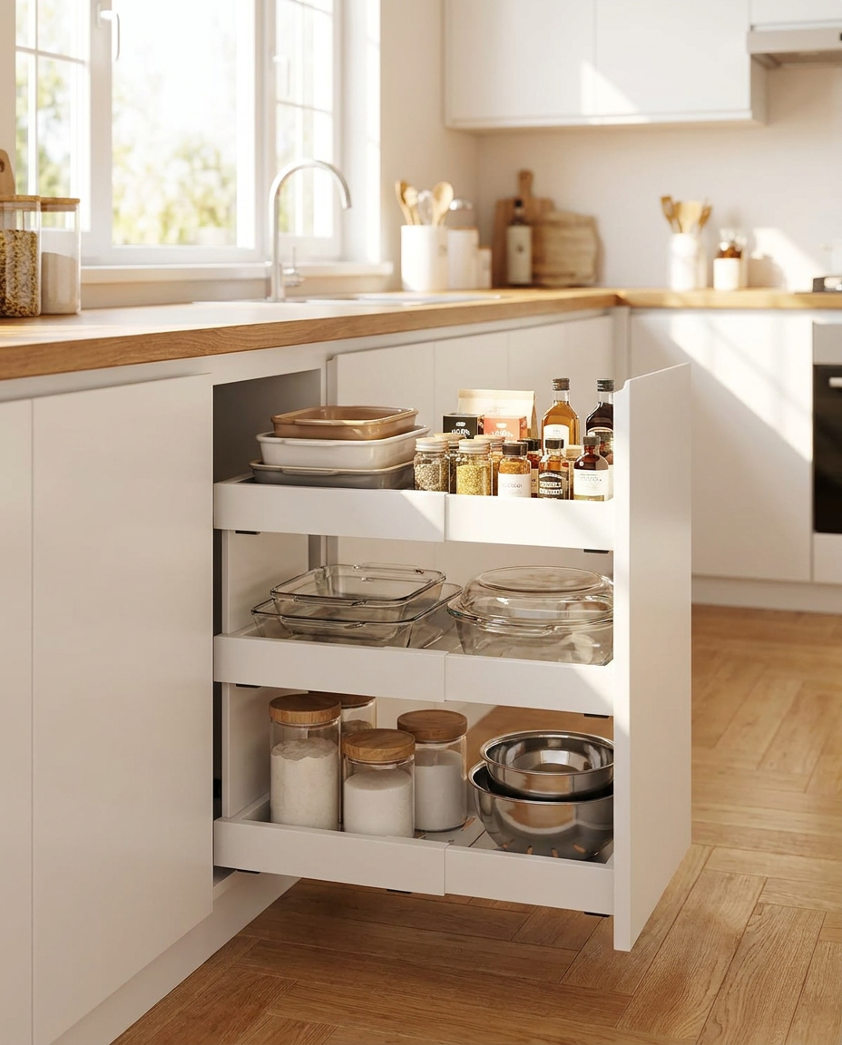 Pull-out organizer detail with pantry items
