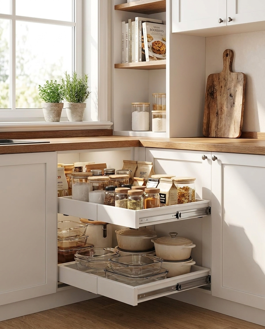 Kitchen cabinet organizer with three-rail sliding shelf