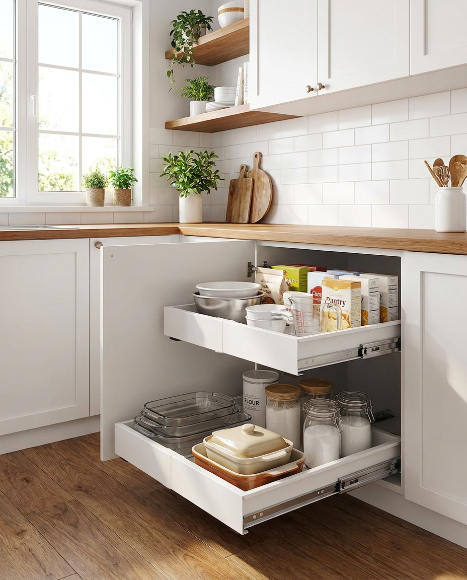 Expandable pull-out cabinet organizer in modern kitchen