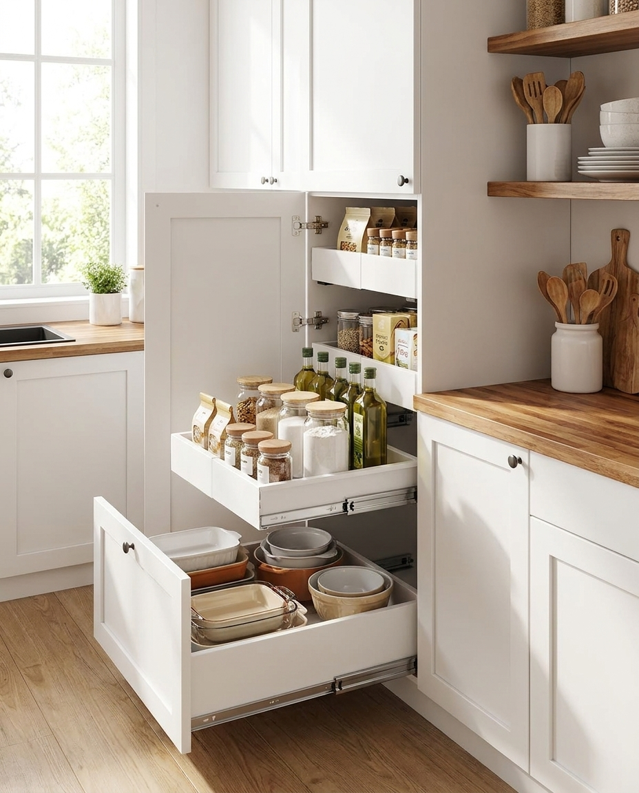 Sliding cabinet organizer holding cookware