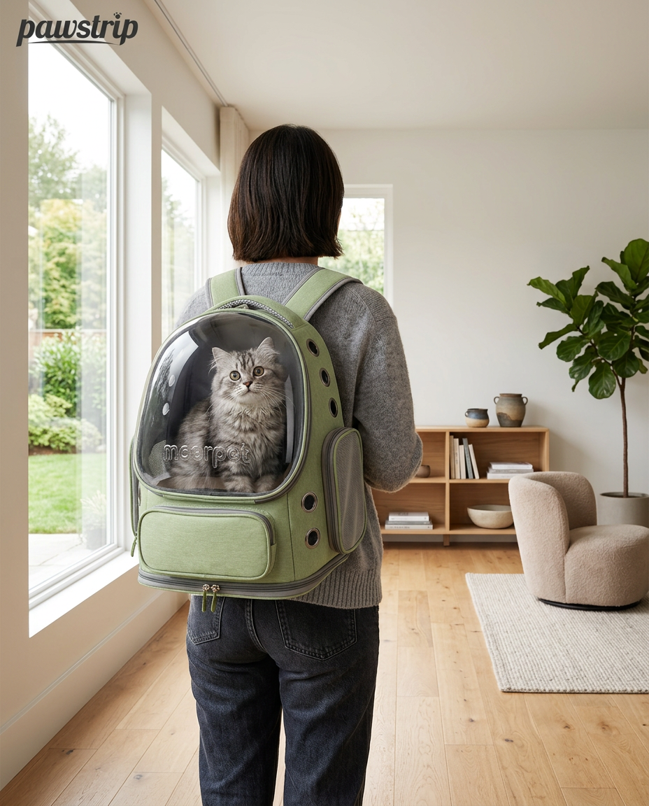 Ventilated cat travel backpack in home living room