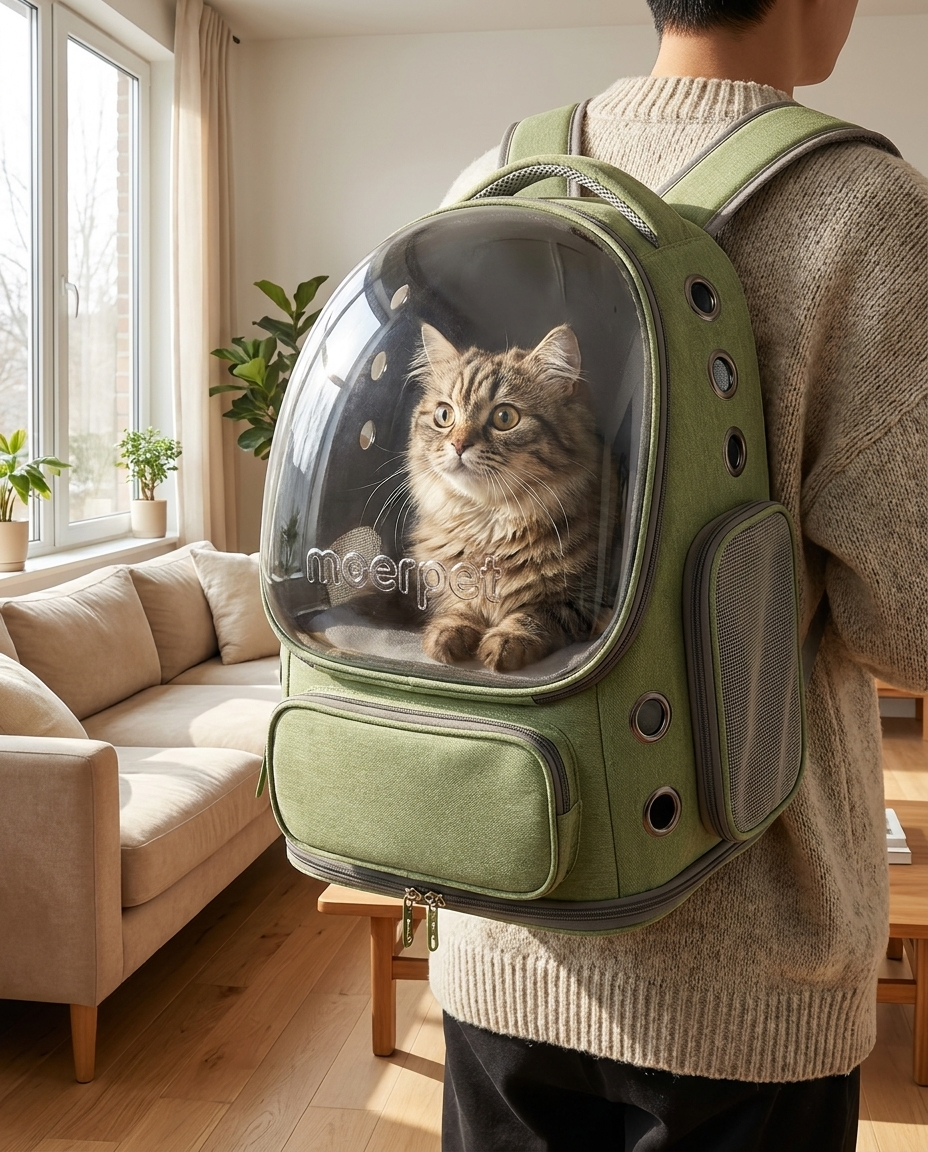 Bubble window cat carrier with tabby cat looking out