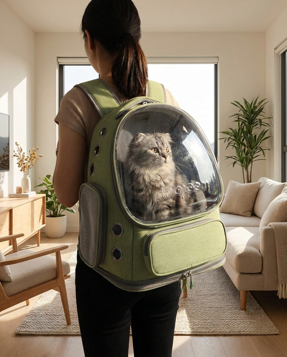 Cat sitting inside transparent bubble-window travel backpack