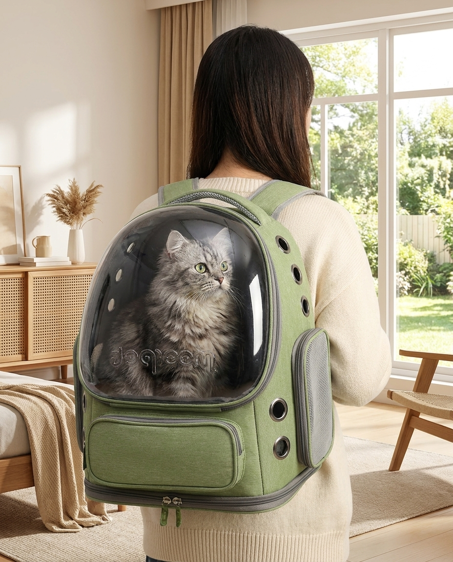 Cat travel backpack worn on person's back with cat inside