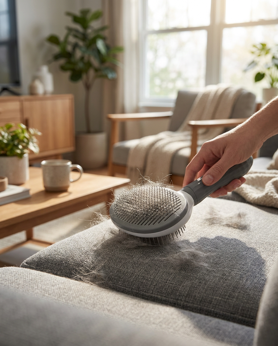 Pet hair remover brush in use on grey fabric couch