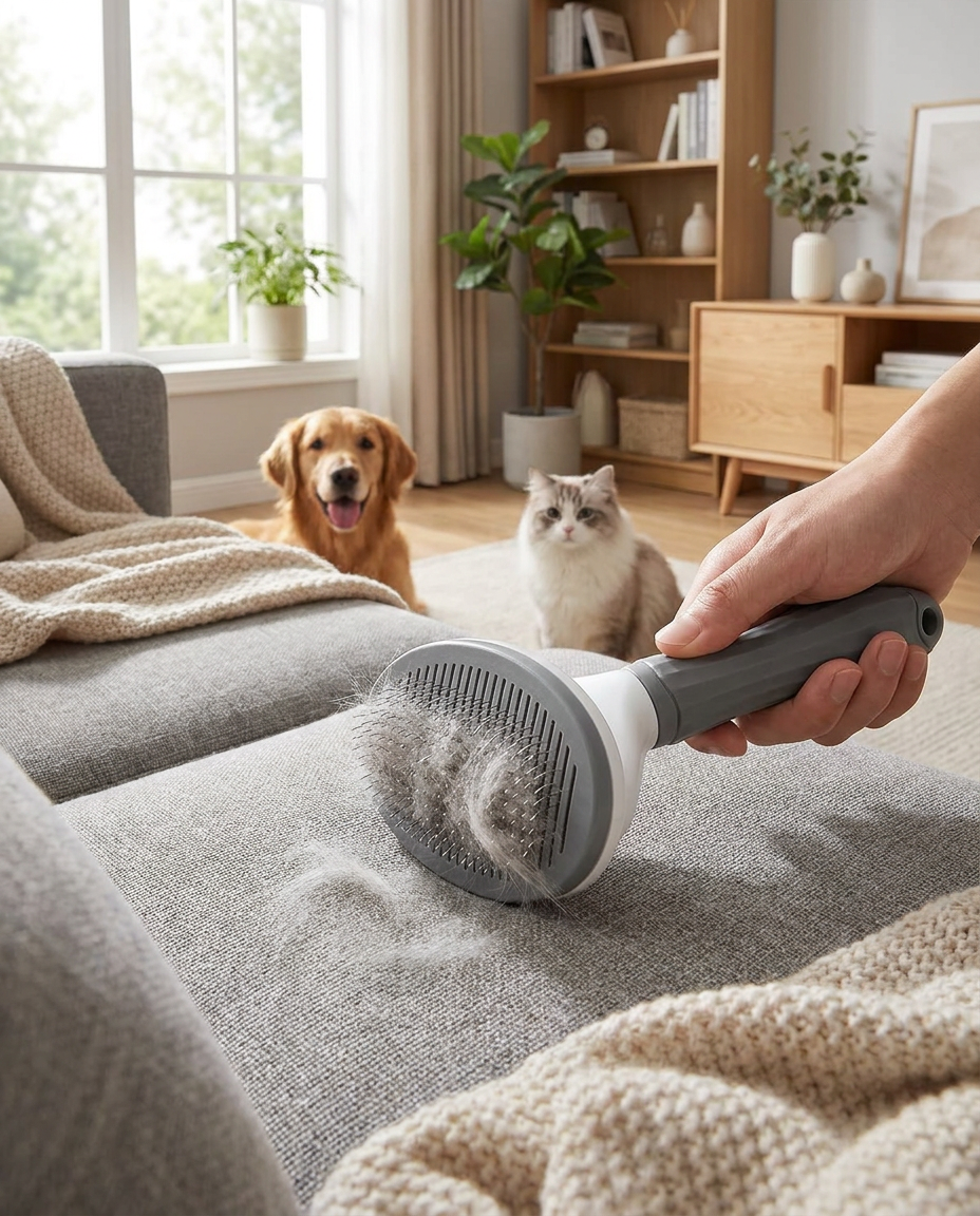 Self-cleaning brush lifting pet hair from fabric