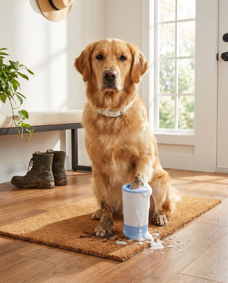 Portable paw washing cup lifestyle scene