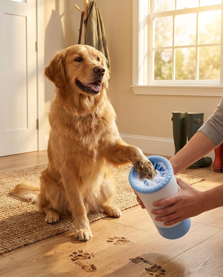 Dog paw cleaner in use at home entryway