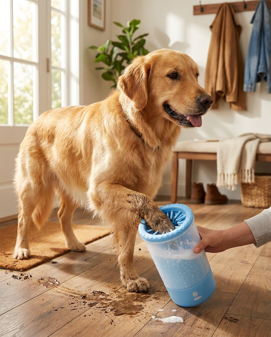 Dog paw cleaner cup on golden retriever paw