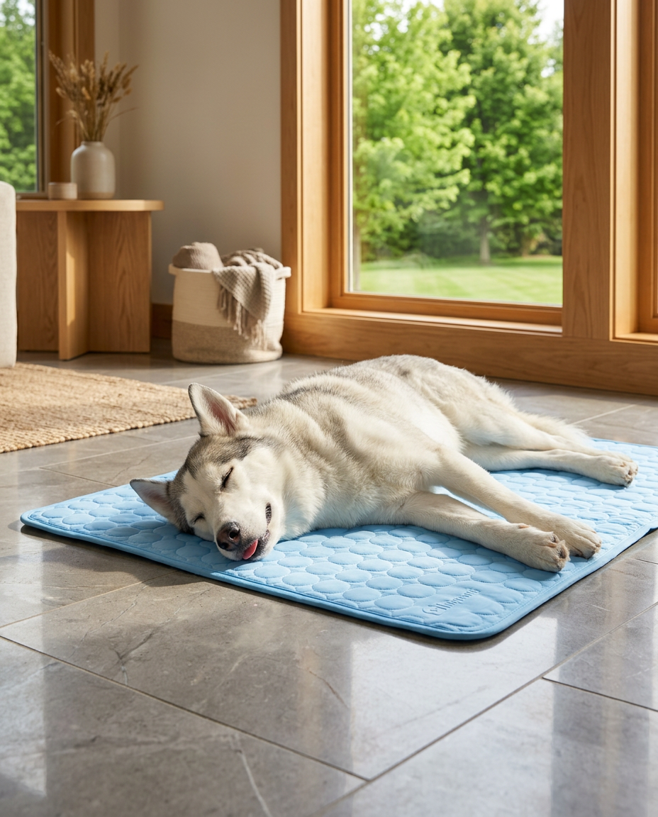 Pet cooling mat on tile floor of bright living room