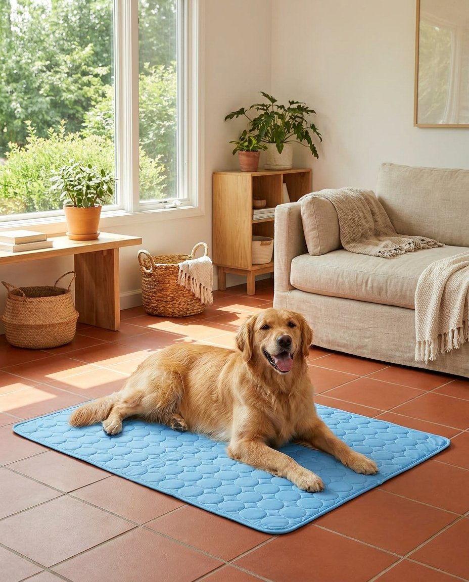 Dog lying comfortably on pressure-activated cooling mat