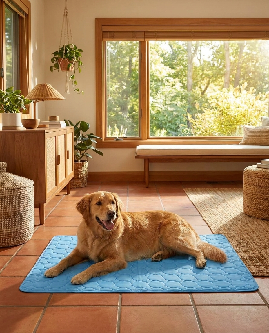 Gel cooling mat with happy dog resting on summer day