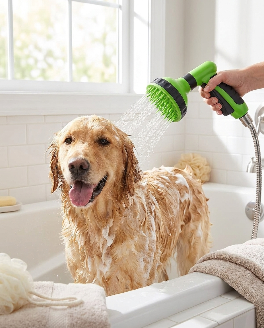 Pet shower sprayer bathing scene