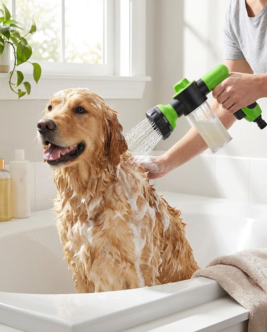 Pet wash sprayer attachment for bathing dog
