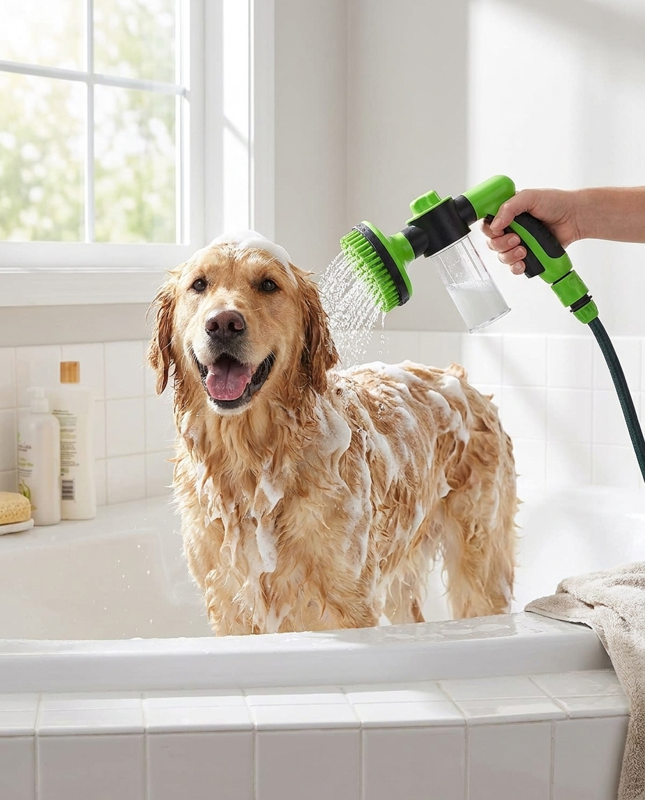 Dog shower sprayer with scrubber massaging fur