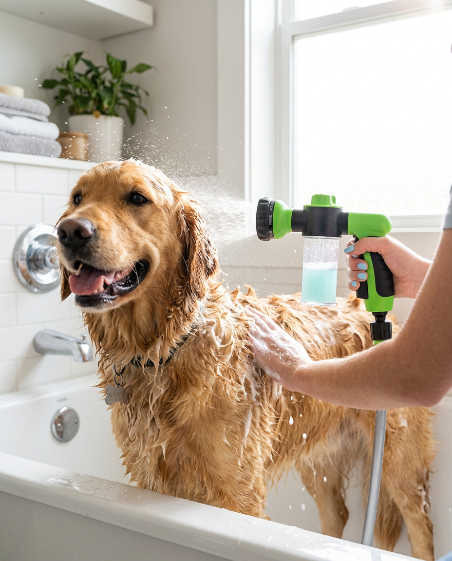 Pet shower sprayer washing golden retriever in bathtub
