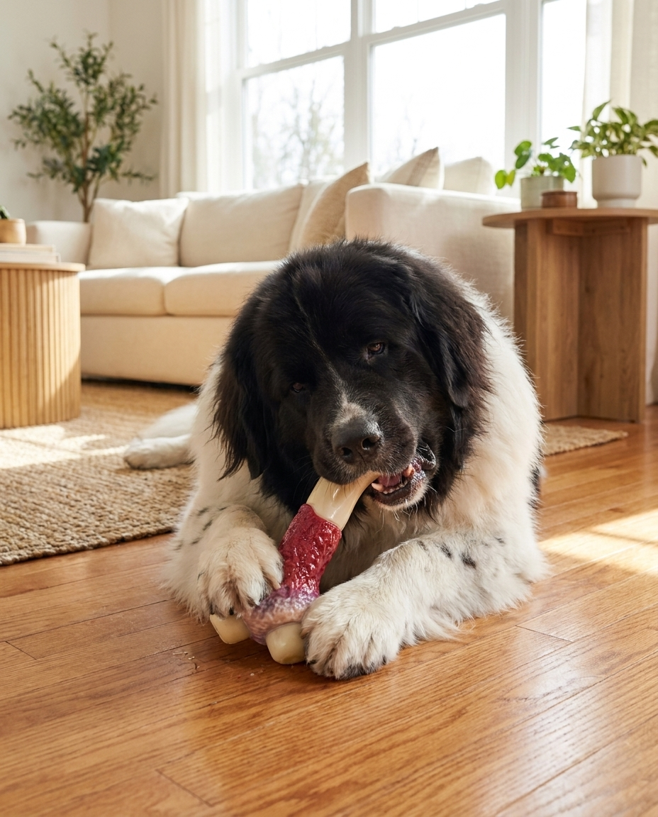 Large breed dog with durable nylon chew toy