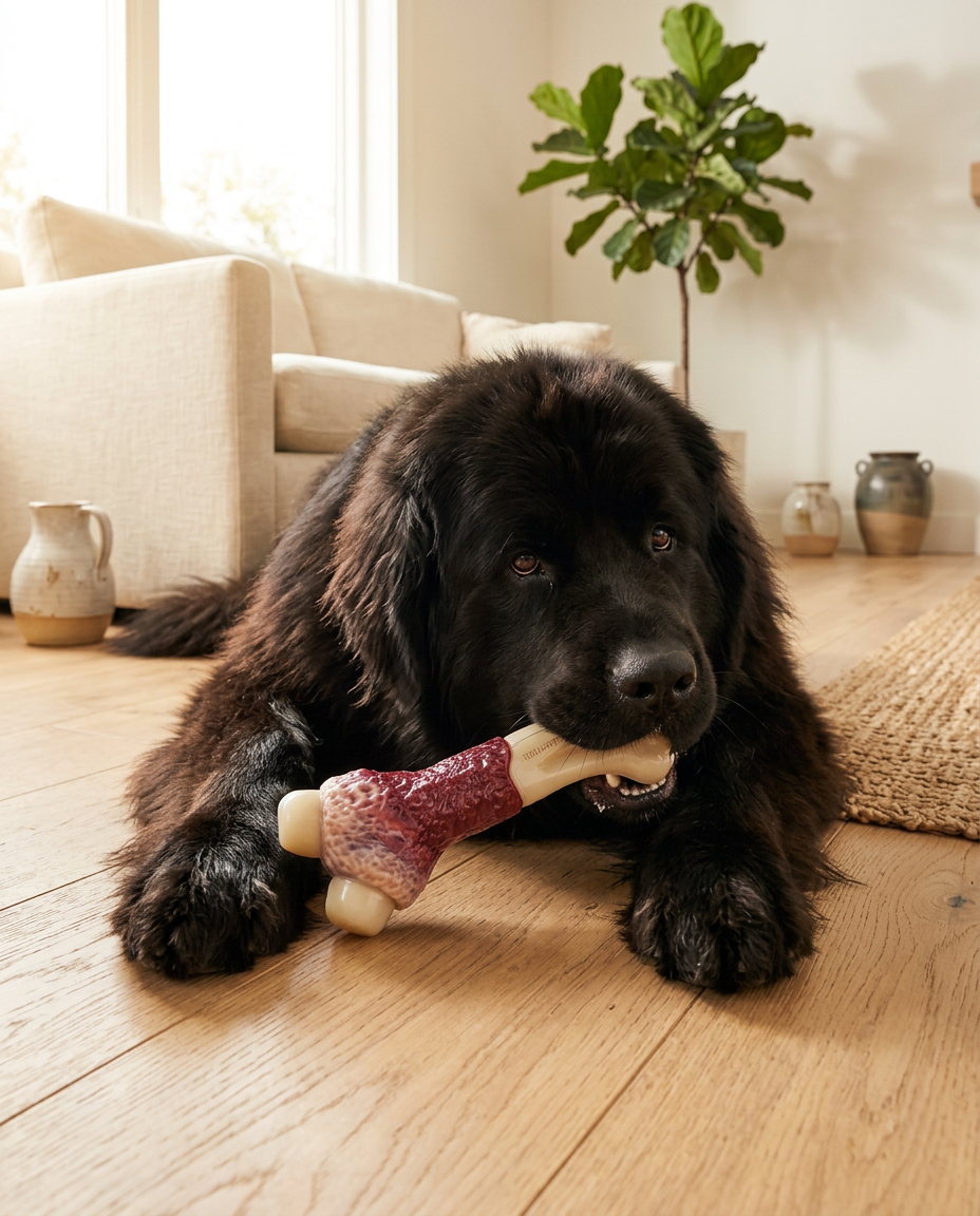 Aggressive chewer dog enjoying ridged nylon bone
