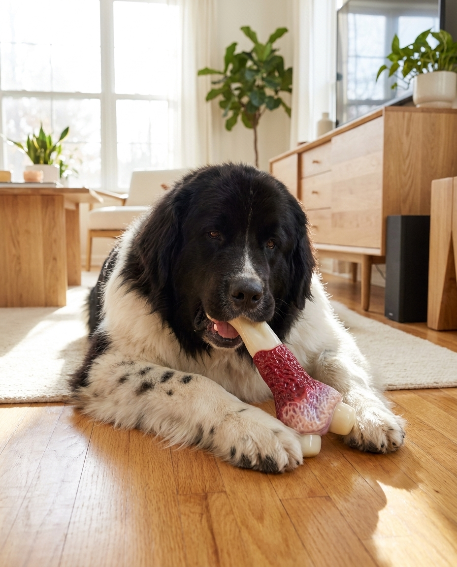 Large dog with nylon dog bone on hardwood floor