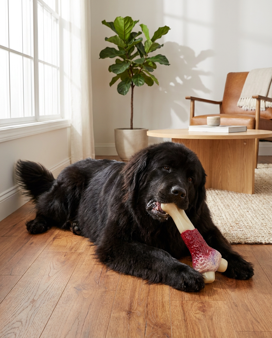 Newfoundland dog chewing tough nylon bone in home